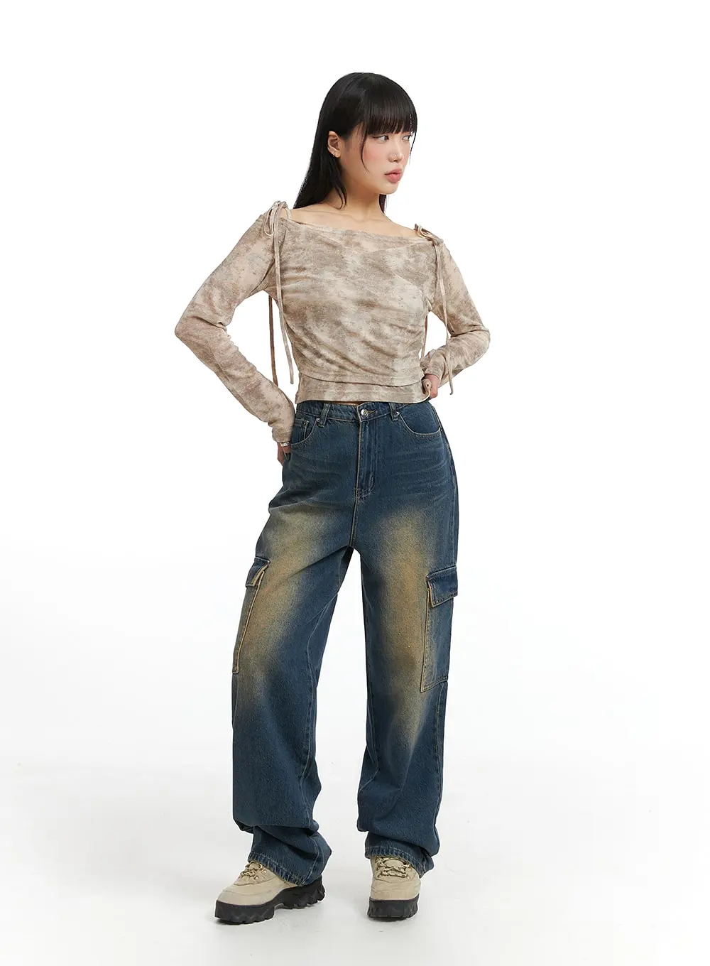 Denim High Waist Wide Leg Pocket Cargo Jeans IJ411