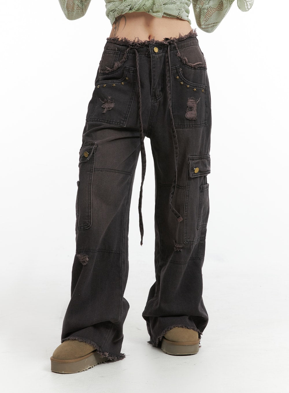 Destroyed Cargo Wide Denim IJ411