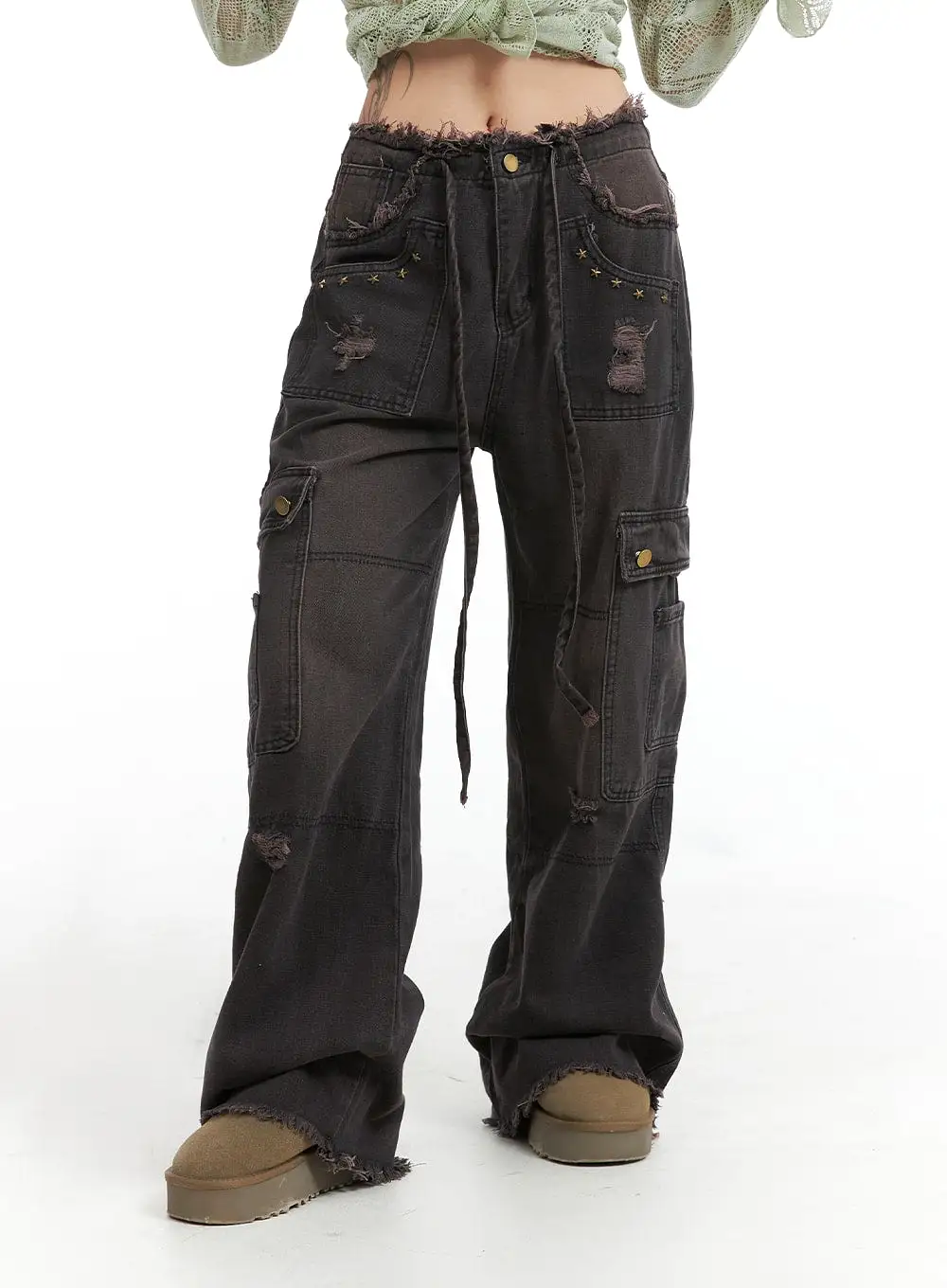 Destroyed Cargo Wide Denim IJ411