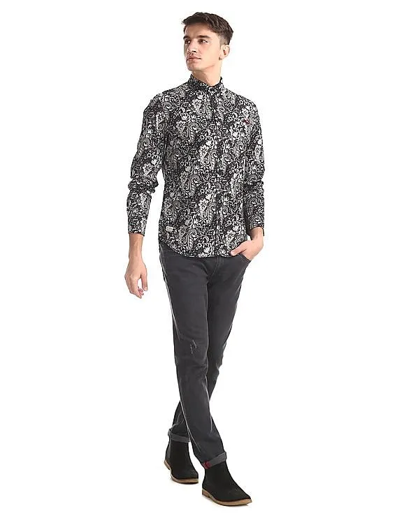 Ed Hardy Black Button Down Collar Printed Shirt