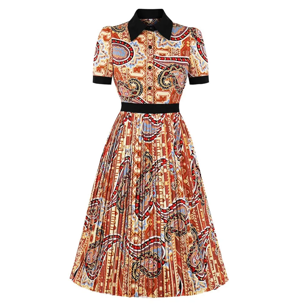 Elegant Print Pleated Short Sleeve Black Turn Down Collar High Waist Button Up Vintage Dress