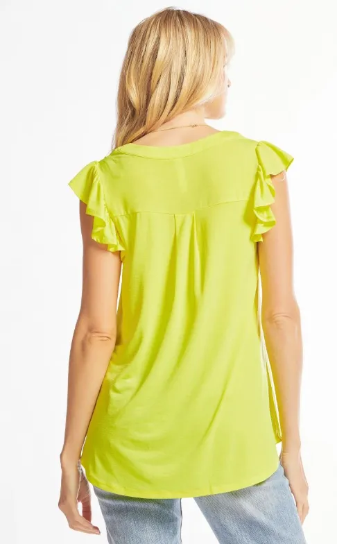 Figure It Out Ruffle Sleeve Top - Neon Yellow