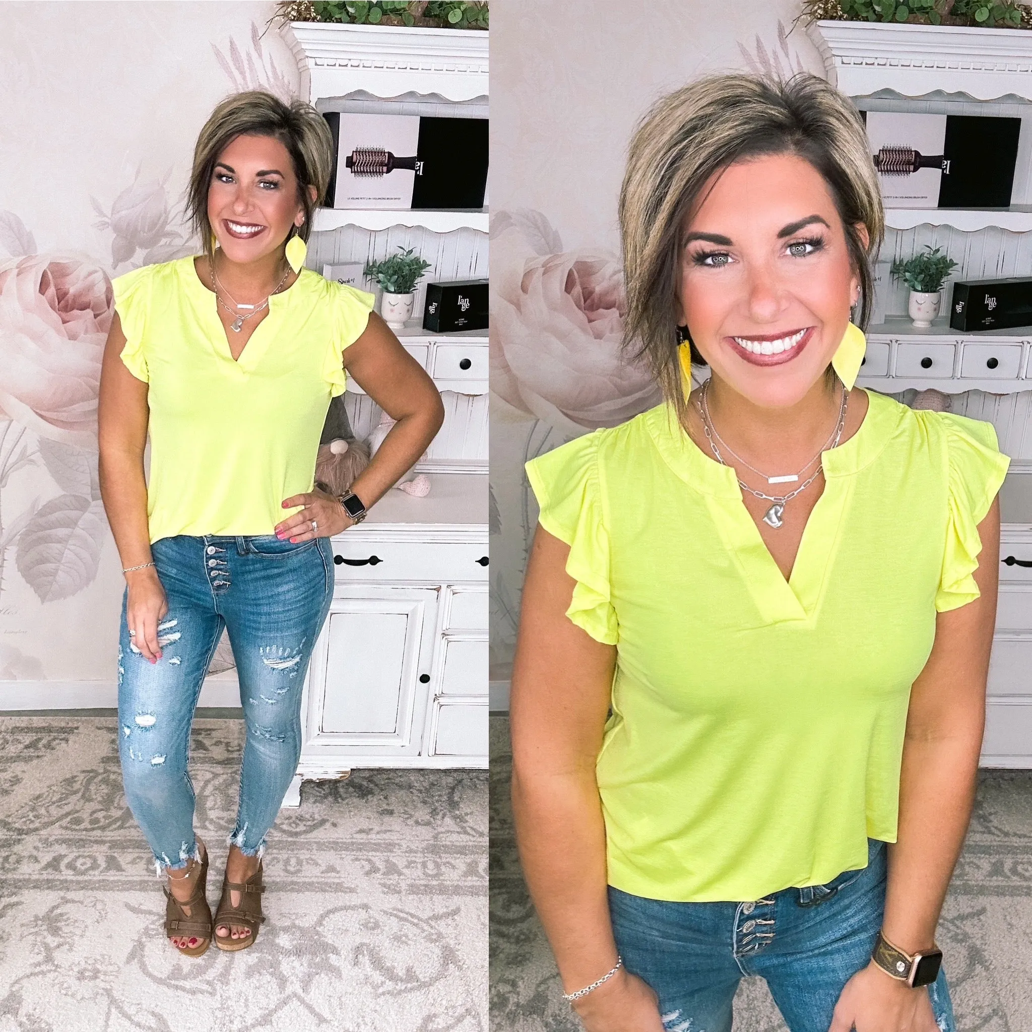 Figure It Out Ruffle Sleeve Top - Neon Yellow