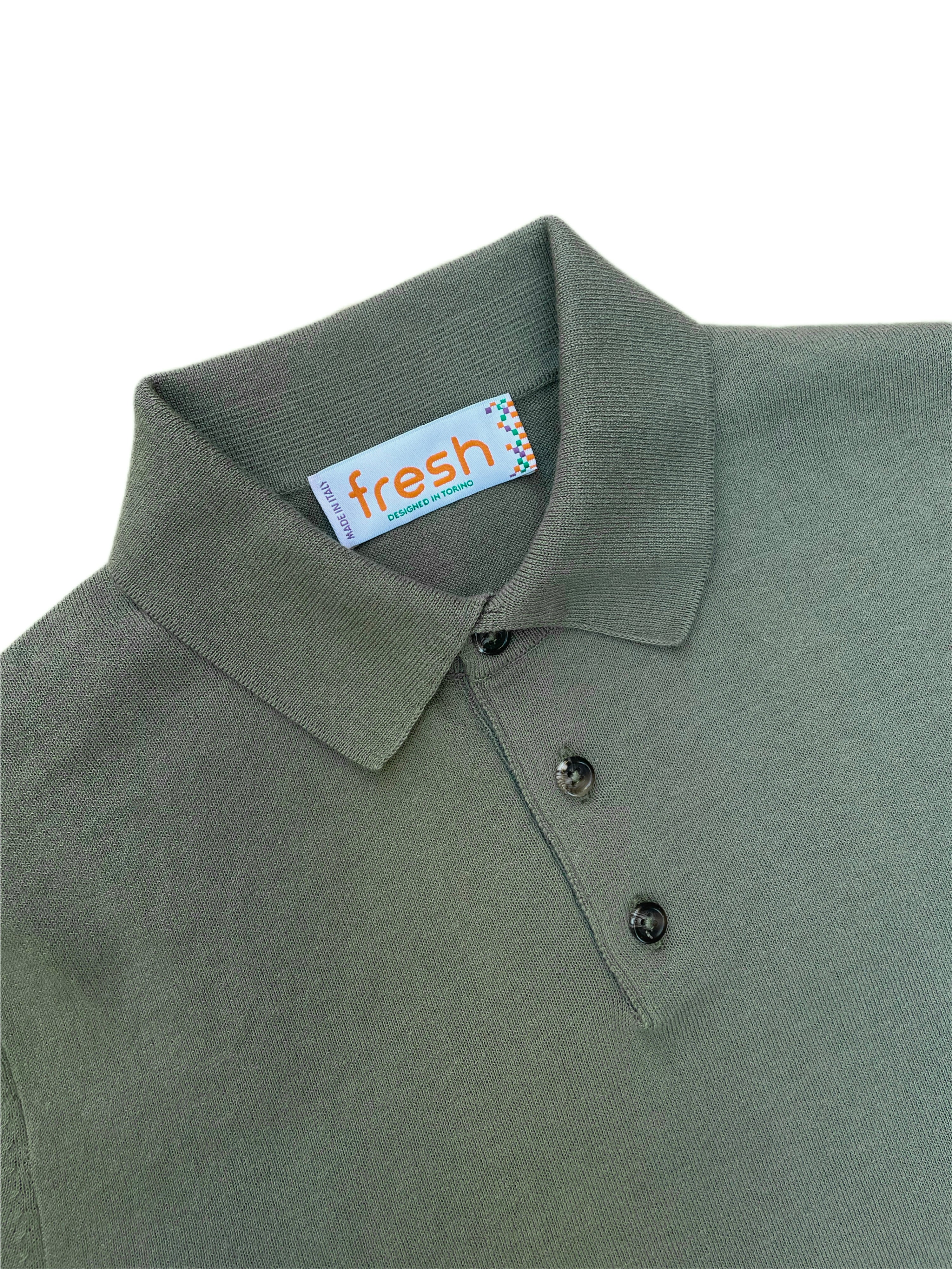 FRESH Extra Fine Crepe Cotton Knitted Polo In Olive Green