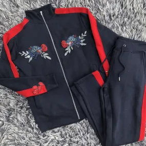 Full Zip Embroidered Rose Wolf Navy Striped Tracksuit