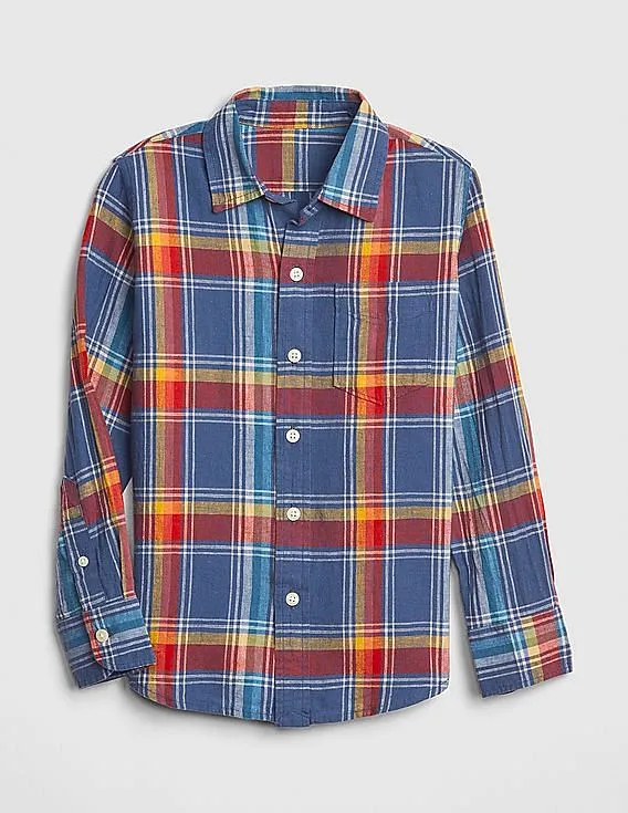 GAP Boys Multi Colour Plaid Linen-Cotton Long Sleeve Shirt