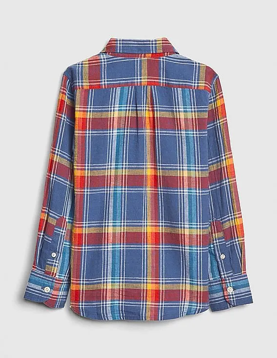 GAP Boys Multi Colour Plaid Linen-Cotton Long Sleeve Shirt