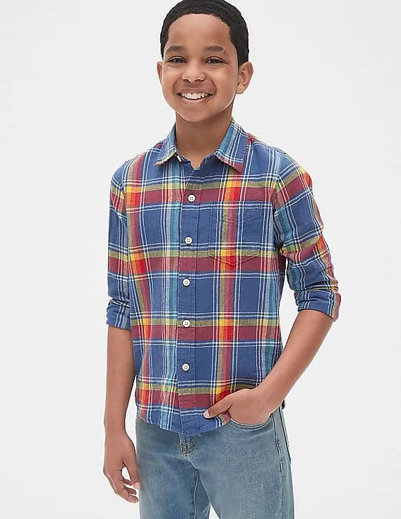 GAP Boys Multi Colour Plaid Linen-Cotton Long Sleeve Shirt