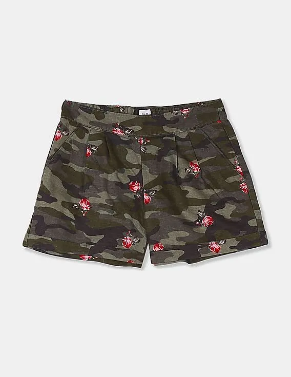 GAP Girls Olive Camo Print Cotton Linen Shorts