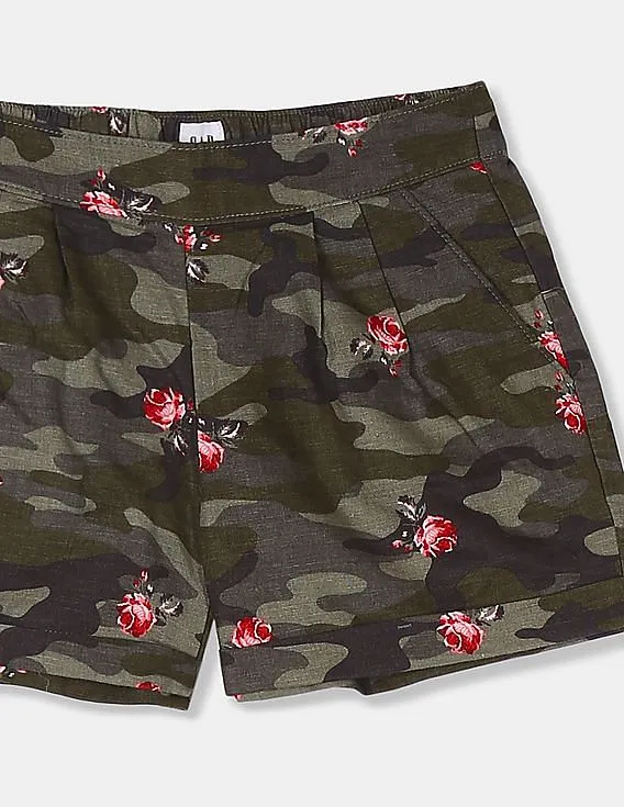 GAP Girls Olive Camo Print Cotton Linen Shorts