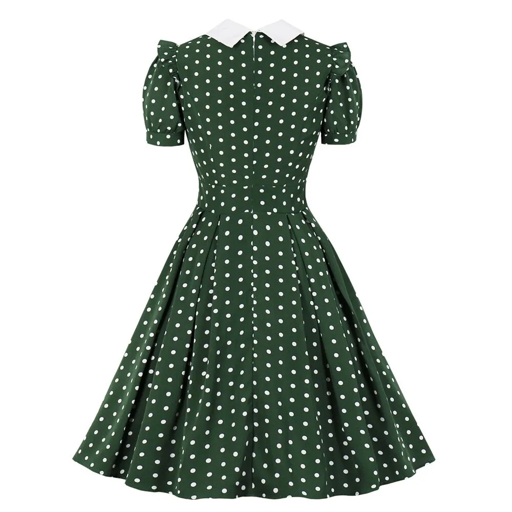 Green Polka Dot Vintage Short Sleeve Turn Down Collar High Waist Robe Retro Casual Dress