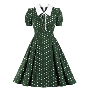 Green Polka Dot Vintage Short Sleeve Turn Down Collar High Waist Robe Retro Casual Dress