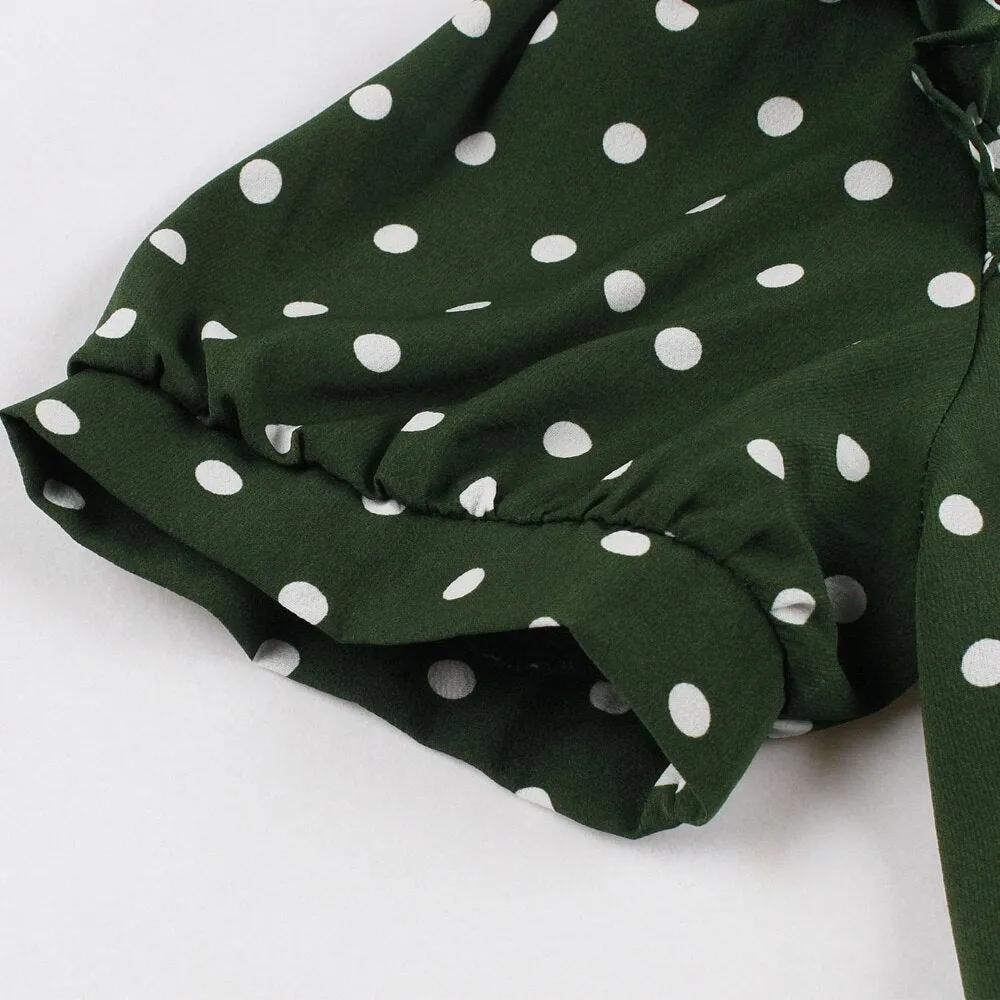 Green Polka Dot Vintage Short Sleeve Turn Down Collar High Waist Robe Retro Casual Dress