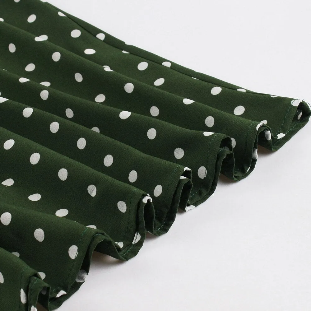 Green Polka Dot Vintage Short Sleeve Turn Down Collar High Waist Robe Retro Casual Dress