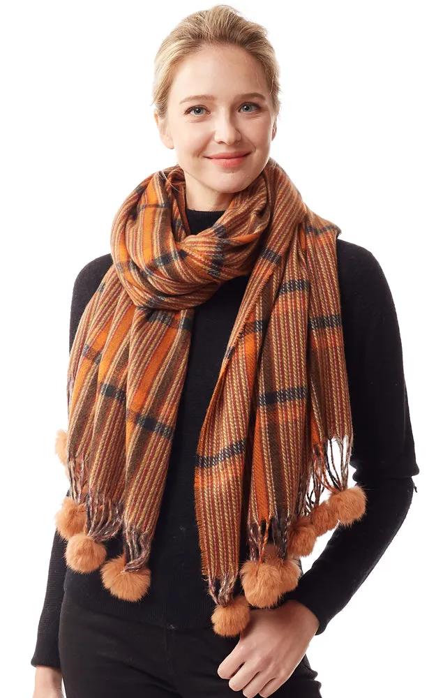 LOF1242 Plaid Oblong Scarf w/Pom Pom