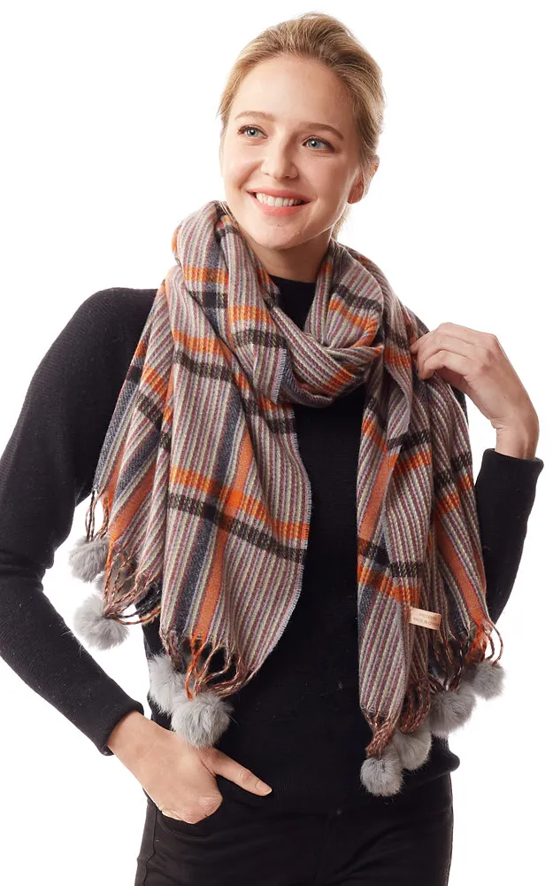 LOF1242 Plaid Oblong Scarf w/Pom Pom