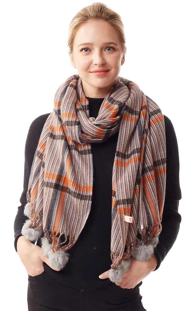 LOF1242 Plaid Oblong Scarf w/Pom Pom