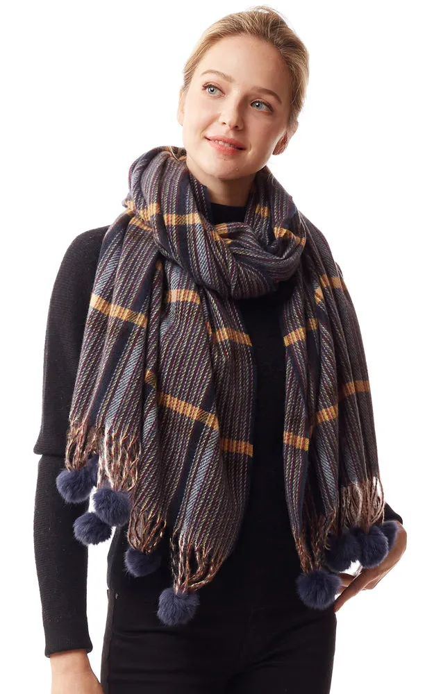 LOF1242 Plaid Oblong Scarf w/Pom Pom