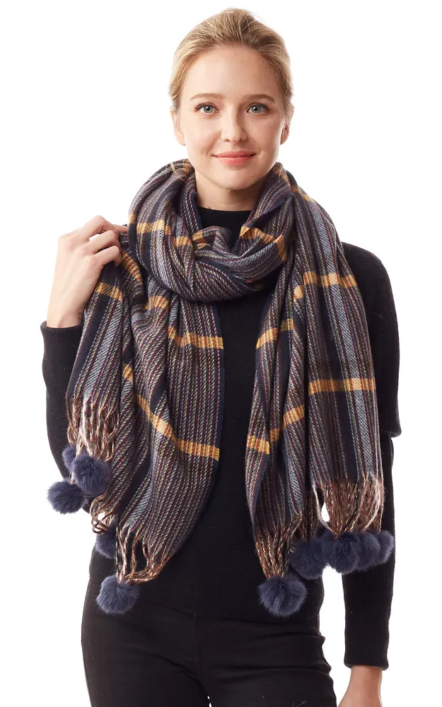 LOF1242 Plaid Oblong Scarf w/Pom Pom