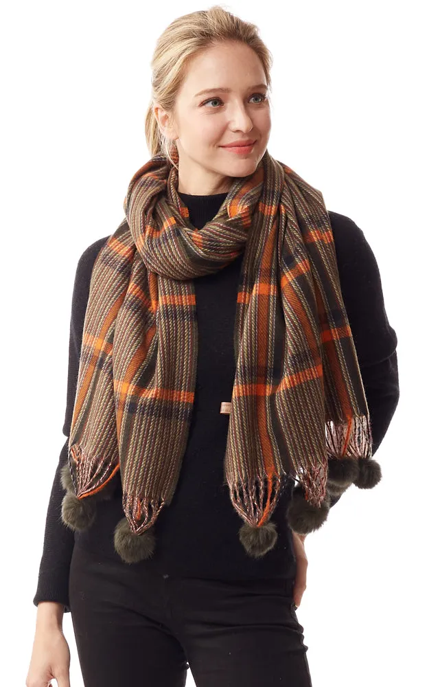 LOF1242 Plaid Oblong Scarf w/Pom Pom