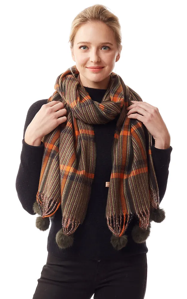 LOF1242 Plaid Oblong Scarf w/Pom Pom