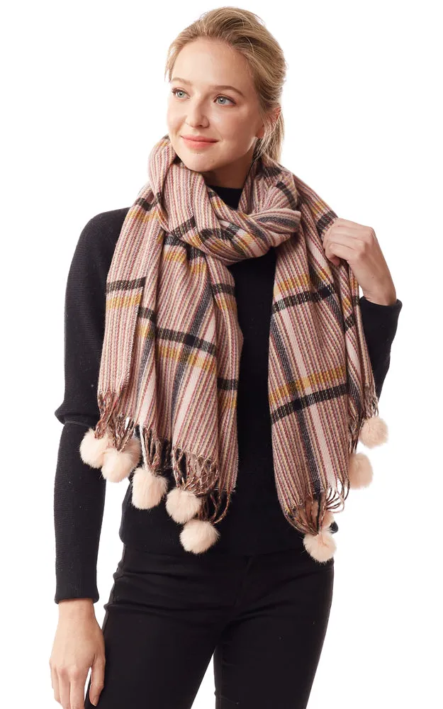 LOF1242 Plaid Oblong Scarf w/Pom Pom