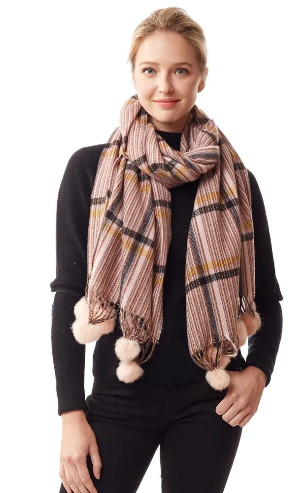 LOF1242 Plaid Oblong Scarf w/Pom Pom