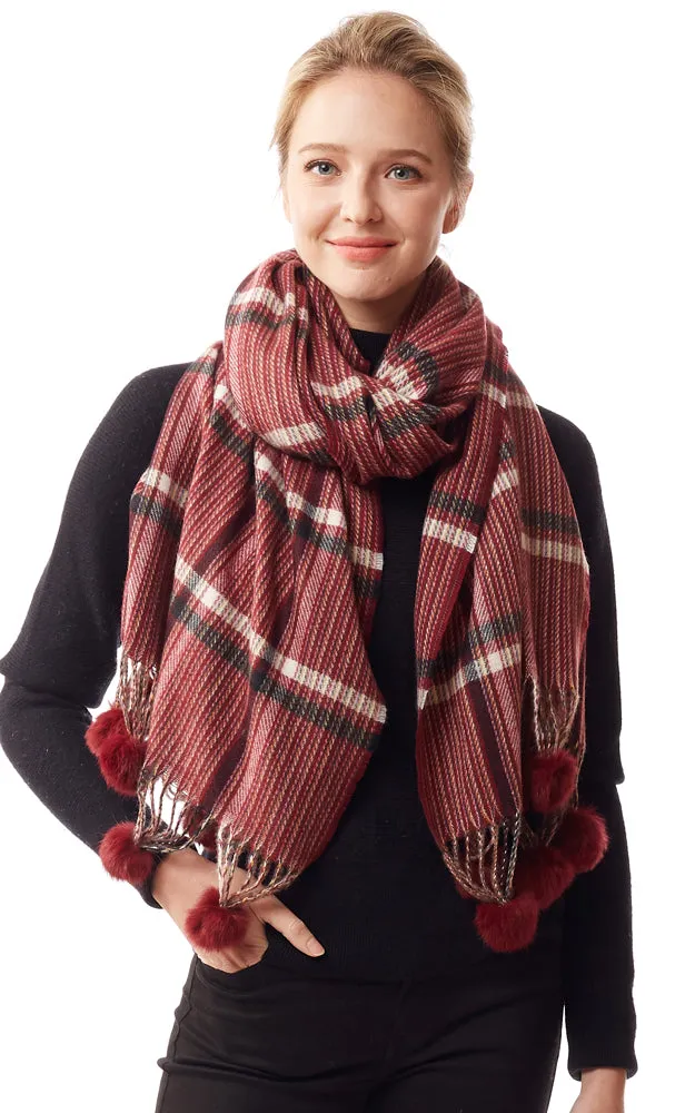 LOF1242 Plaid Oblong Scarf w/Pom Pom