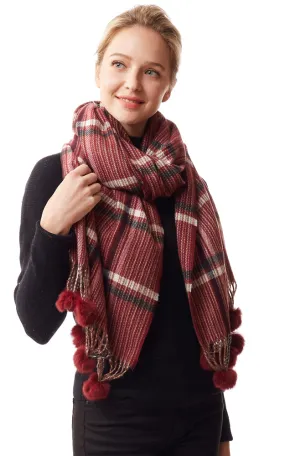 LOF1242 Plaid Oblong Scarf w/Pom Pom