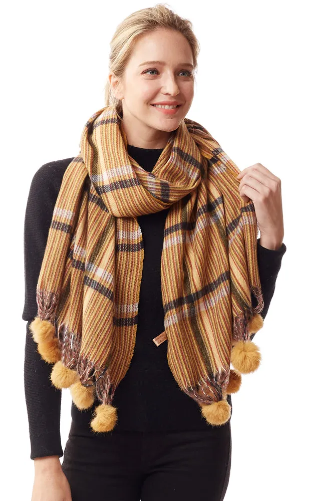 LOF1242 Plaid Oblong Scarf w/Pom Pom