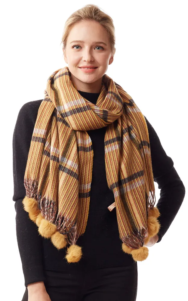 LOF1242 Plaid Oblong Scarf w/Pom Pom