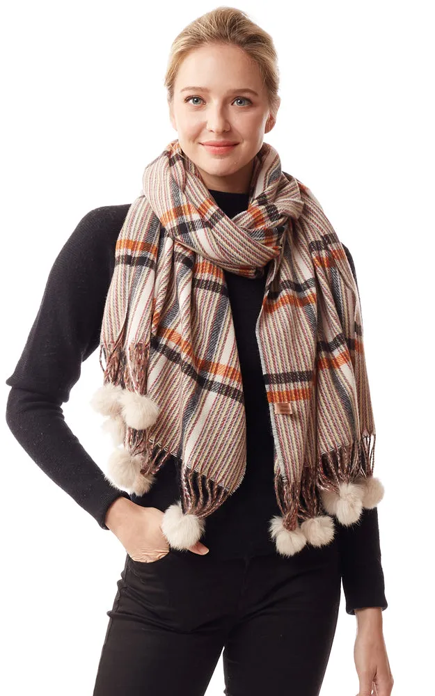 LOF1242 Plaid Oblong Scarf w/Pom Pom