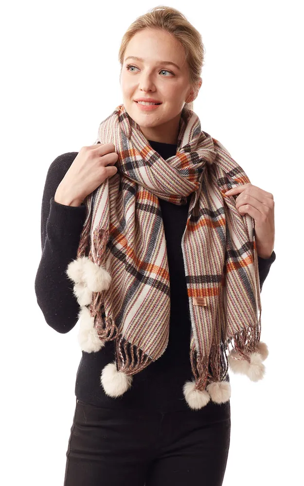 LOF1242 Plaid Oblong Scarf w/Pom Pom