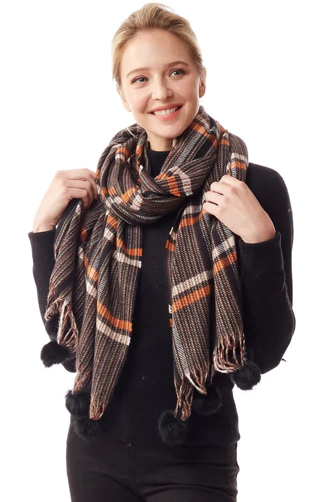 LOF1242 Plaid Oblong Scarf w/Pom Pom