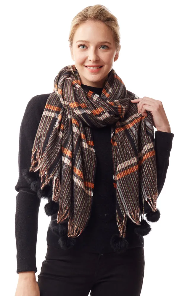 LOF1242 Plaid Oblong Scarf w/Pom Pom