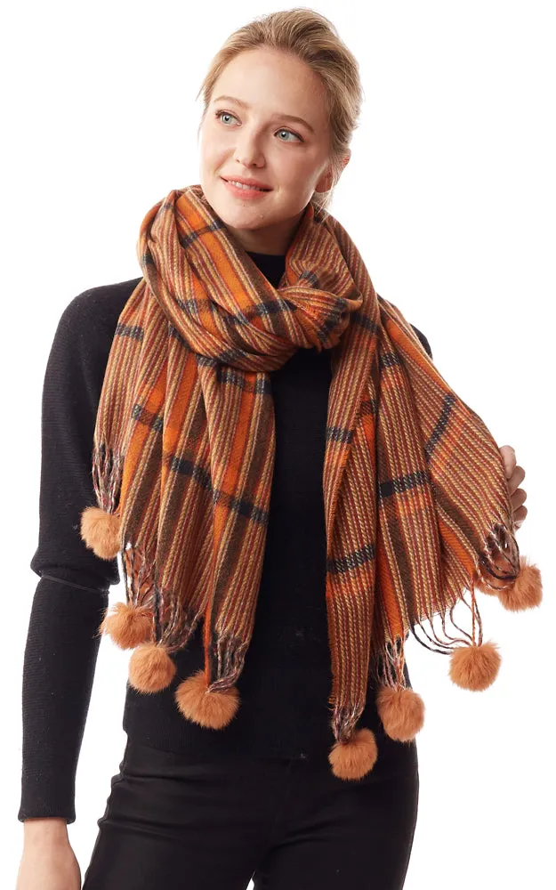 LOF1242 Plaid Oblong Scarf w/Pom Pom