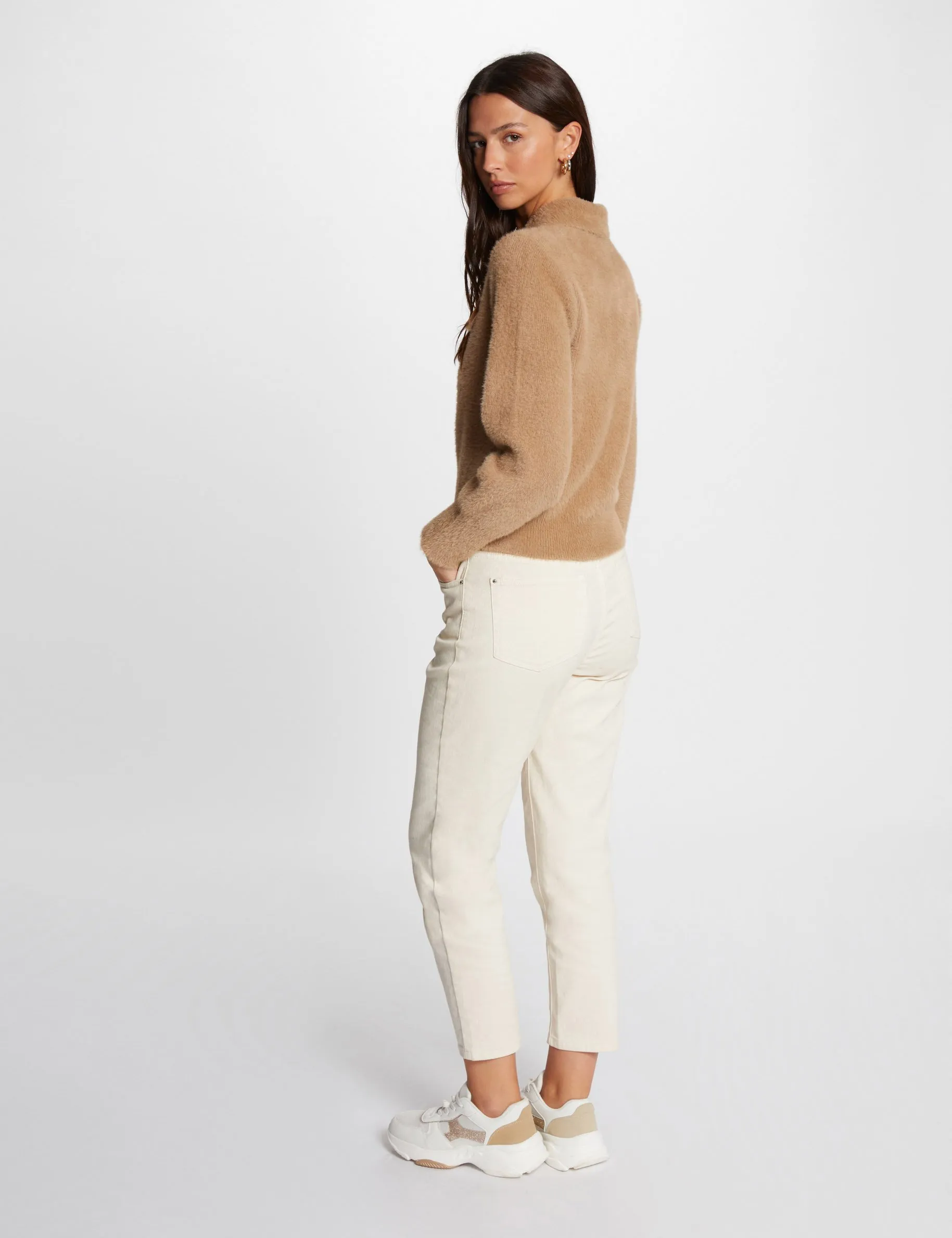 Long-sleeved cardigan with lapel collar camel women