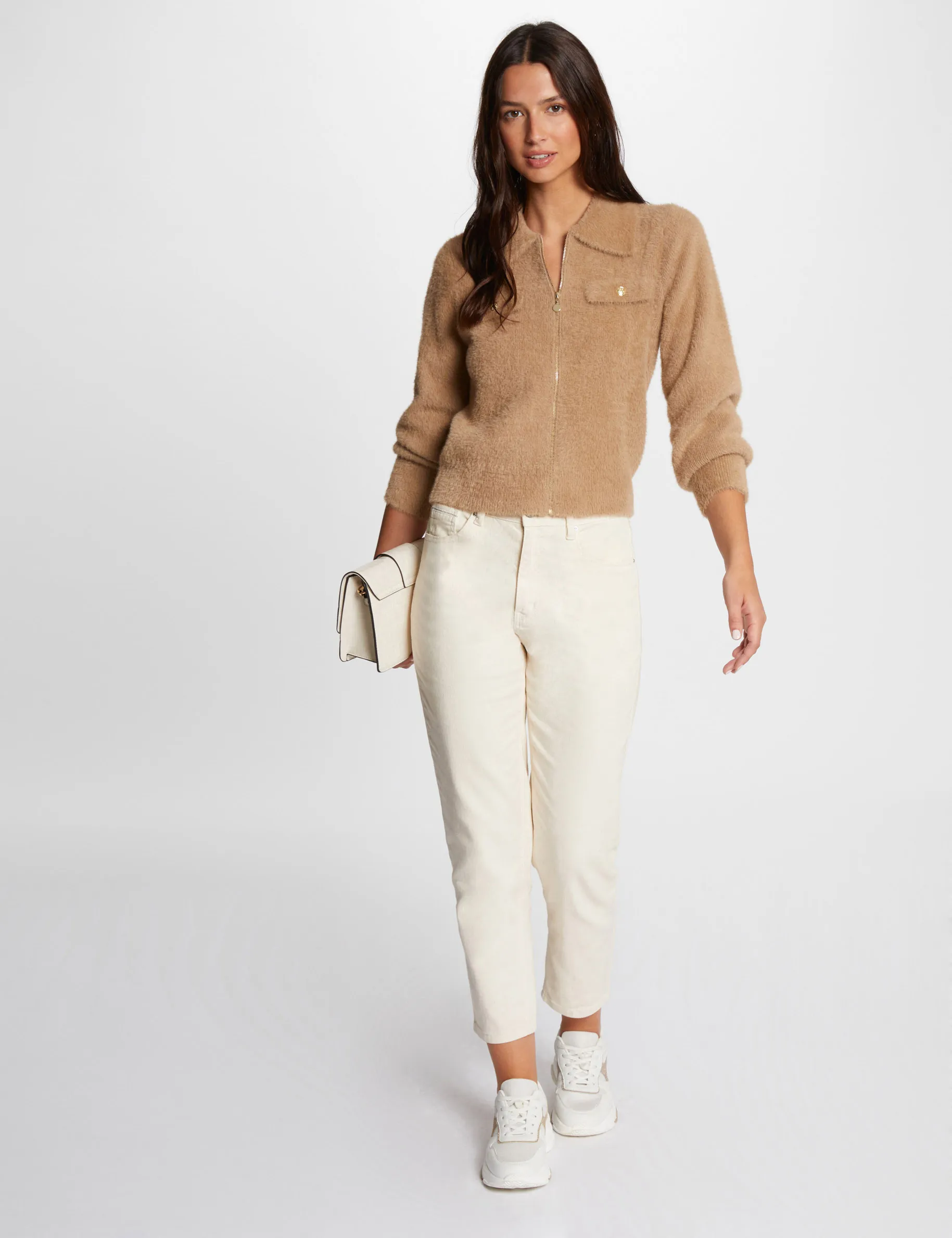 Long-sleeved cardigan with lapel collar camel women