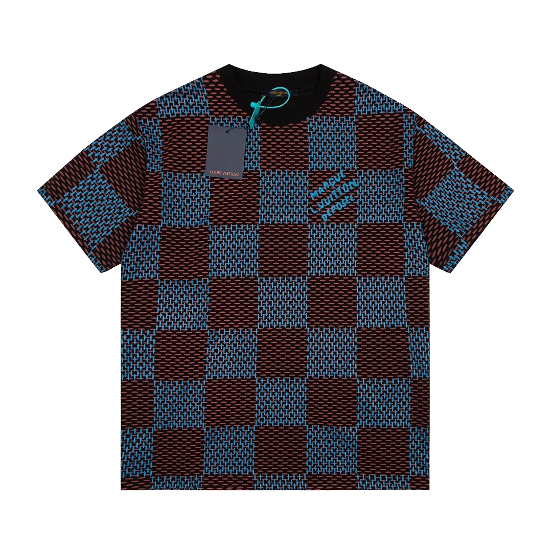 Louis Vuitton 23SS Full Body Classic Plaid Letter Logo Print Short Sleeve T-Shirt Blue Brown 7.11