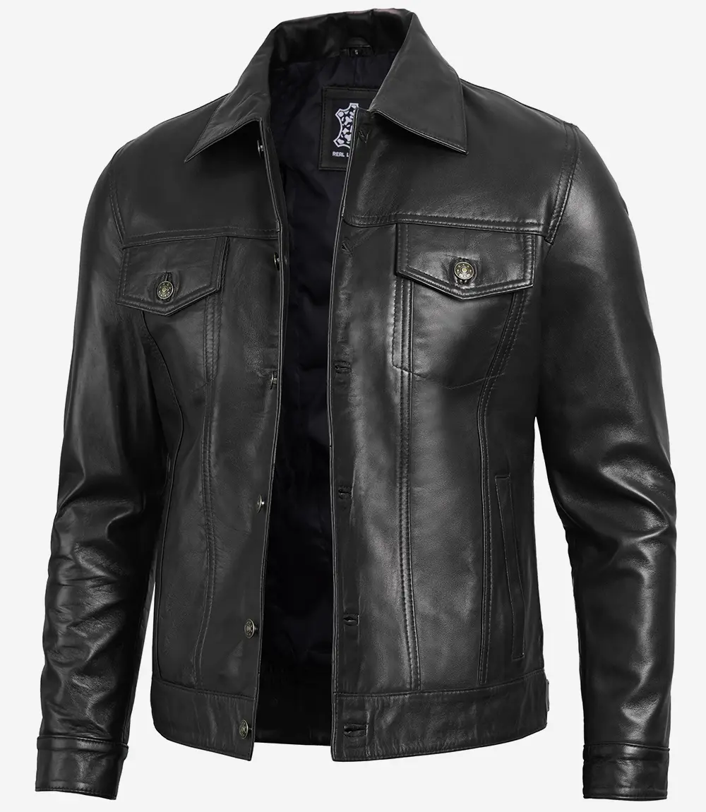 Mens Four Pockets Black Leather Trucker Jacket