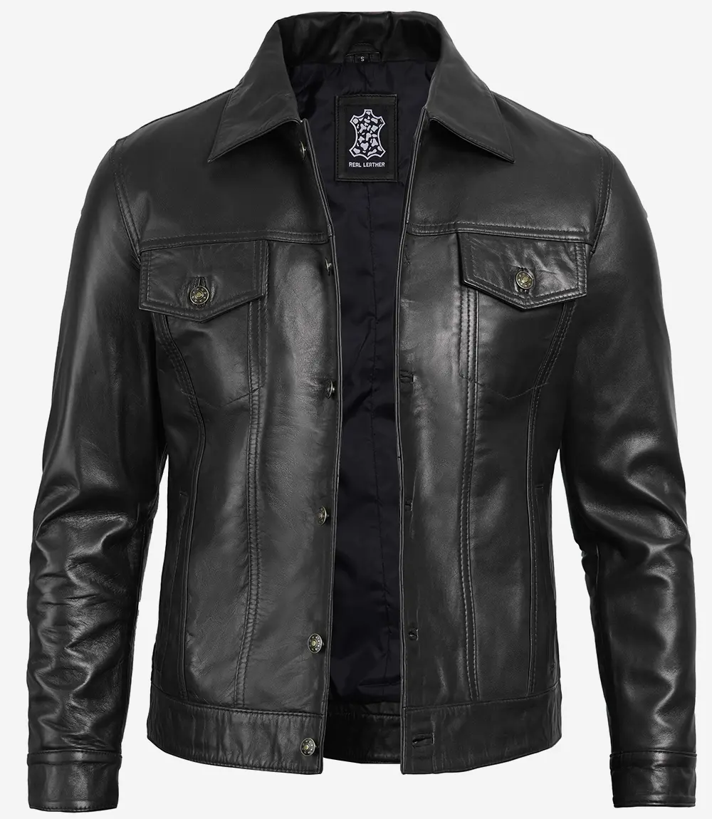 Mens Four Pockets Black Leather Trucker Jacket