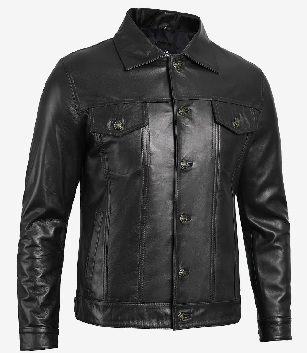 Mens Four Pockets Black Leather Trucker Jacket