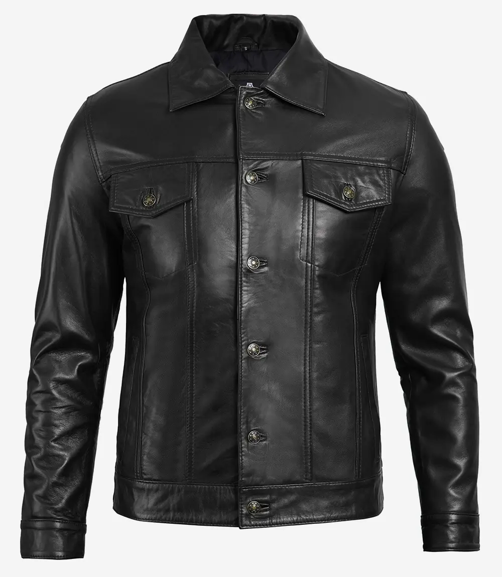 Mens Four Pockets Black Leather Trucker Jacket