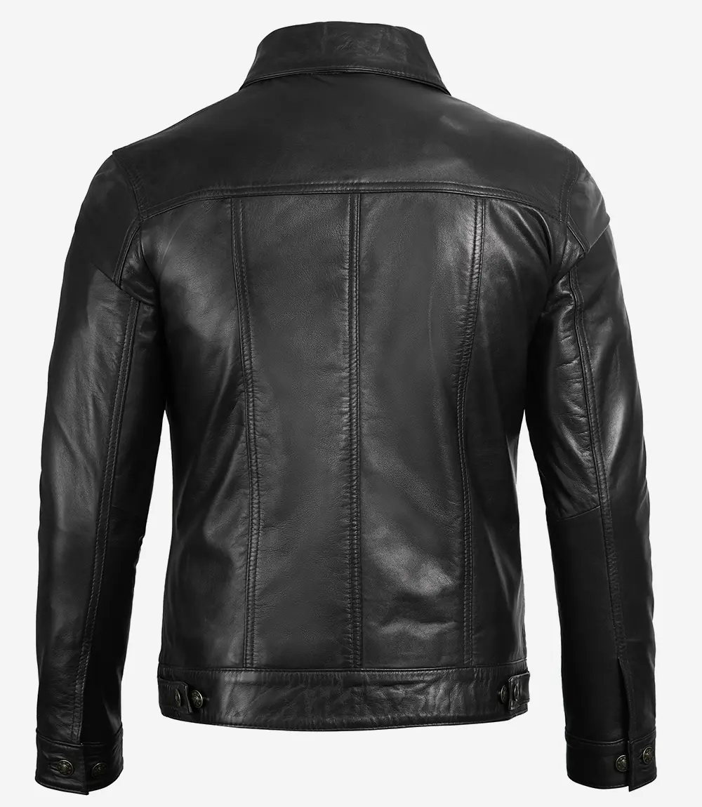 Mens Four Pockets Black Leather Trucker Jacket