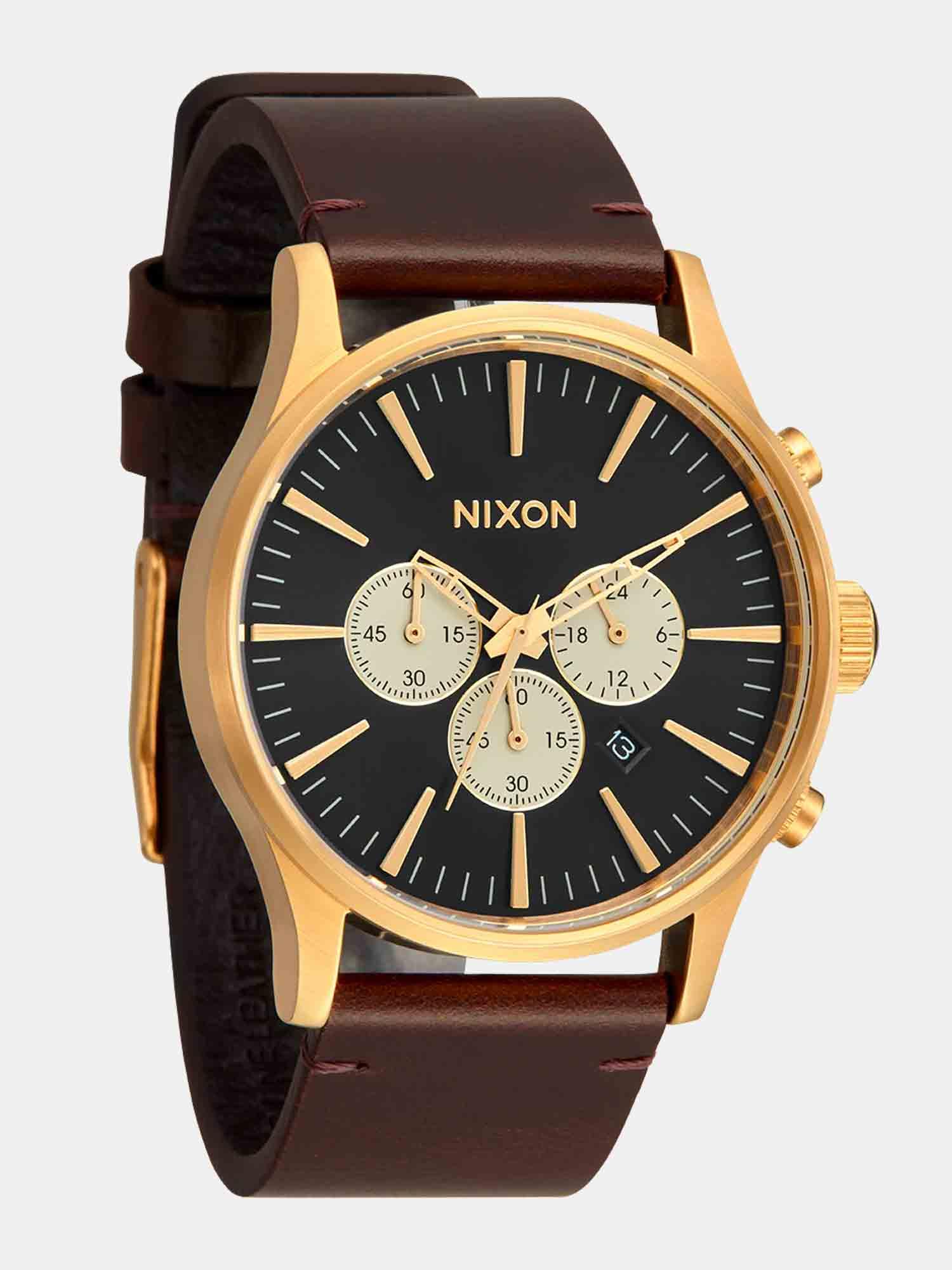 Nixon Sentry Chrono Leather Watch - Gold / Indigo / Brown