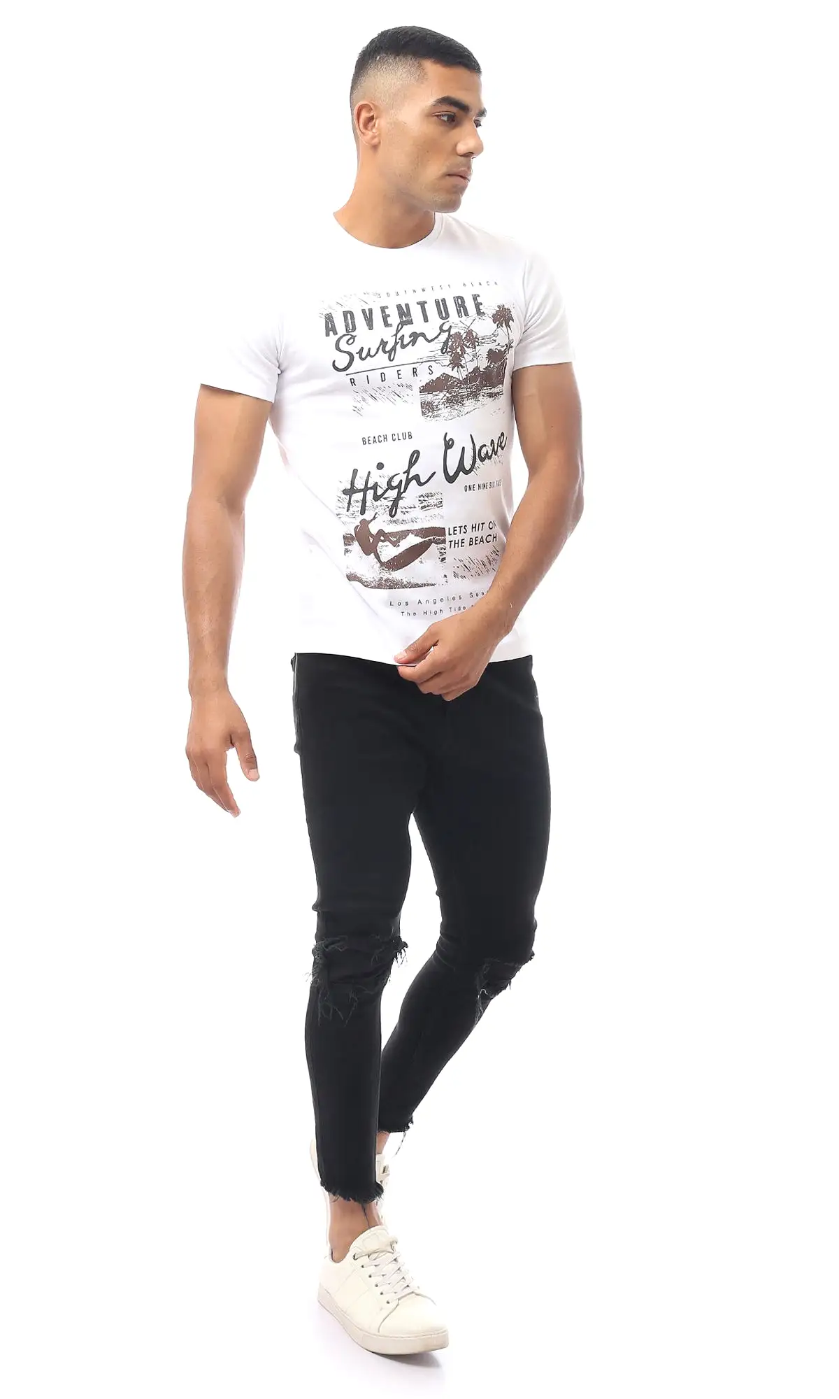 O163646 Printed White Slip On Regular Fit Tee