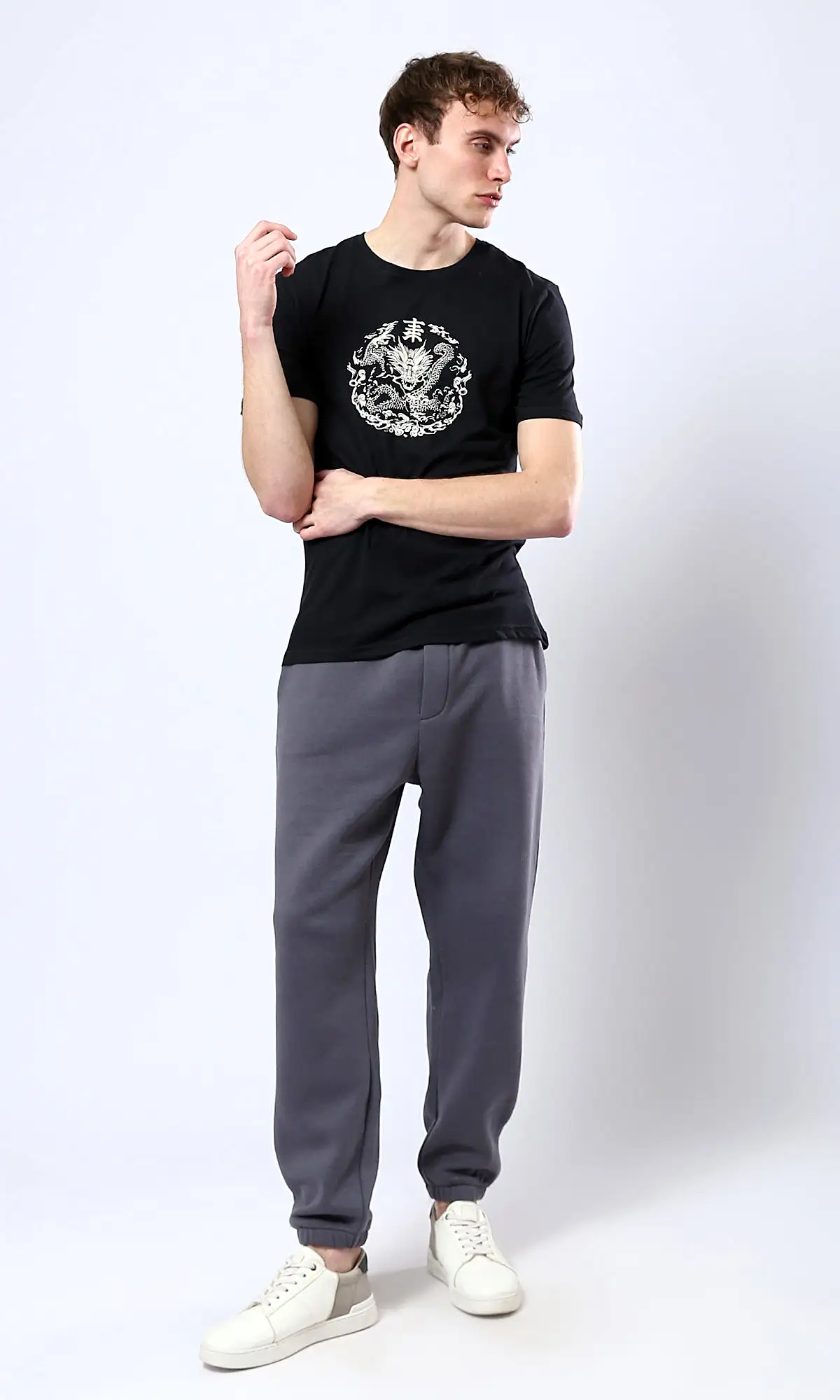 O178957 Casual Printed Regular Fit Black Tee