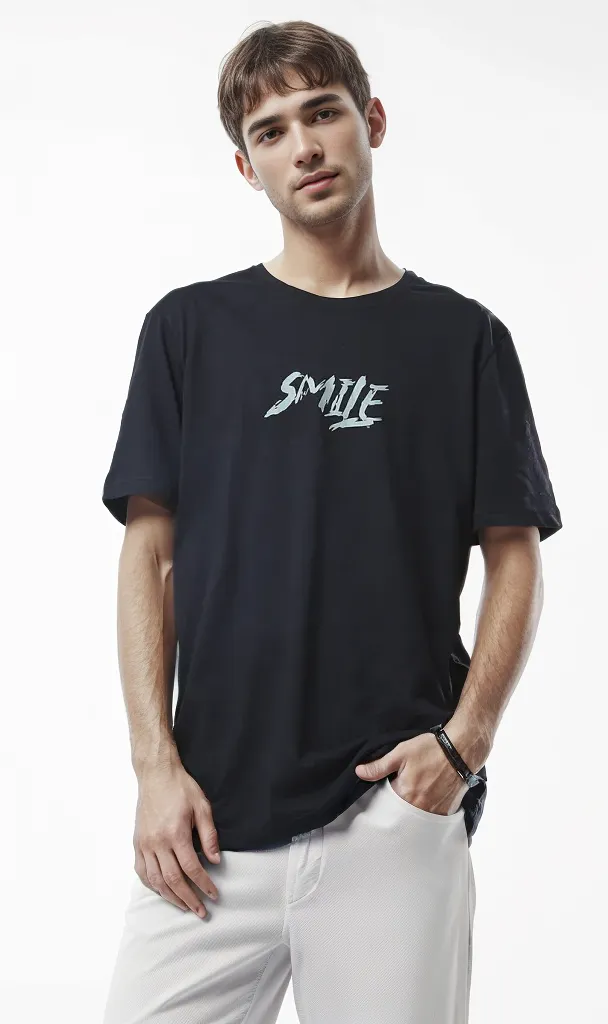 O178965 Smile Crew Neck Regular Fit Black Tee