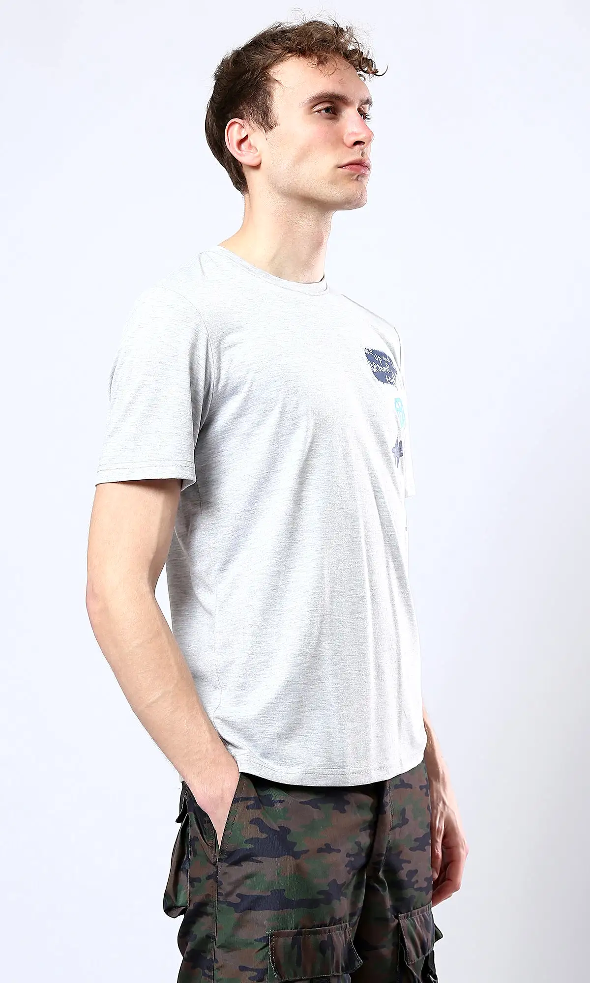 O179029 Regular Fit Light Grey Tee With Round Neck