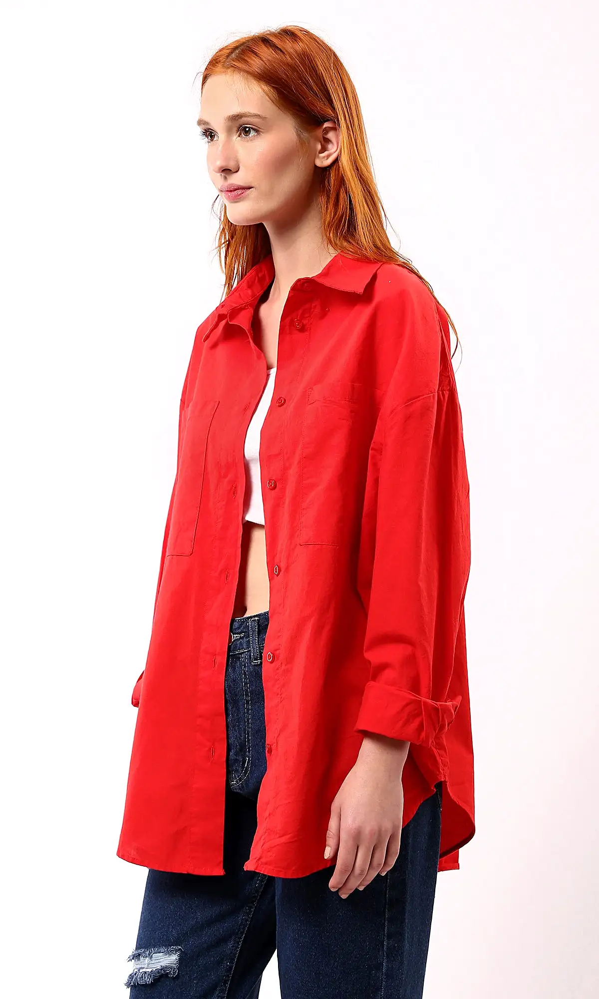 O179209 Turn Down Collar Solid Red Long Shirt